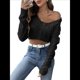 thumbnail image 2 of Suéter de Punto de Larga con Cuello en V para Mujer, Top Corto de Crochet Calado, para Playa Negro S, 2 of 8