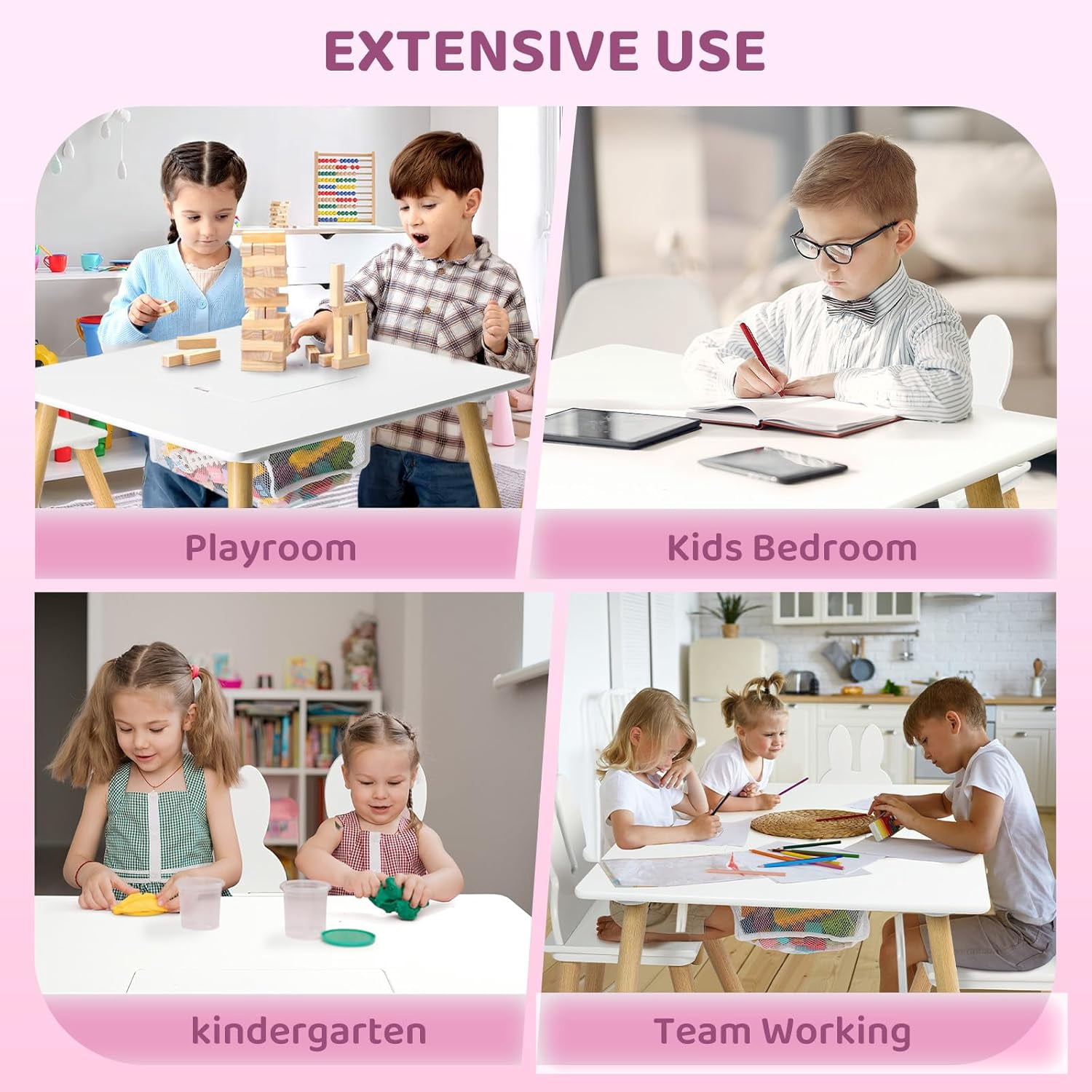 JOYMOR Kids Table and 2 Chairs Set with Storage & Removable Tabletop, Panda Ear Chairs, 3-in-1 Kids ActivityTable for Craft, Playroom Toddler Table and Chair Set for Kids 2-5