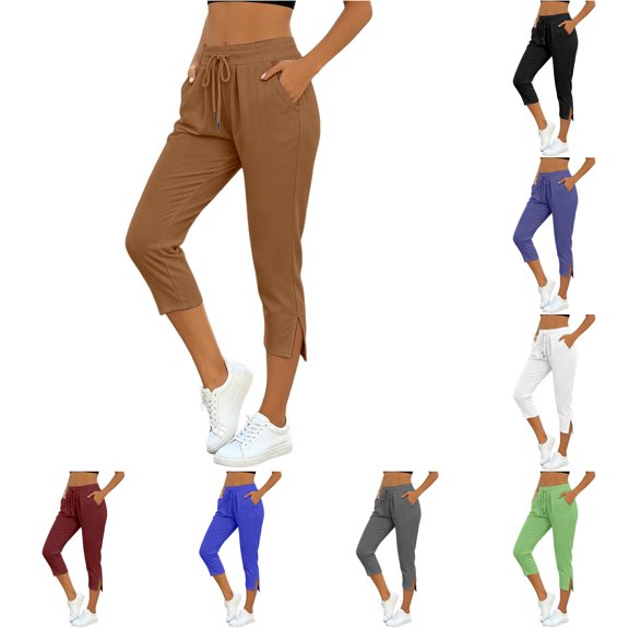 NinXxx Women's Elastic Waist Button Side Pocket Yoga Cropped Cargo Pants Brown M