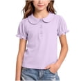thumbnail image 2 of BXJX Girls Cotton T-shirts, Casual School Peter Pan Collar Short Sleeve Kids Tees with Ruffle Purple Size 2-3 T, 2 of 7