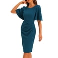 thumbnail image 4 of INSPIRE CHIC Robe Fourreau Élégante pour Femme à Col Rond Froncée à Manches Courtes Évasées Robe Crayon Bleu Lac TP, 4 of 5