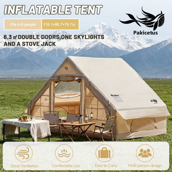 PAKICETUS 4-Season Inflatable Tent for Camping, 4-6 Person Blow Up Air Tent with Pump