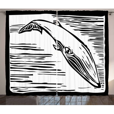 Whale Curtains 2 Panels Set, Vintage Style Hand Drawn Illustration of a Sea Mammal in Monochrome Framework, Window Drapes for Living Room Bedroom, 108W X 63L Inches, Black and White, by Ambesonne