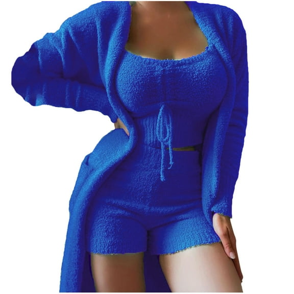 Women's 3-Piece Winter Plush Outfit - Hooded Cardigan, Crop Top & Shorts, Cozy Loungewear Set