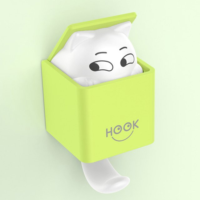 colgador de ropa de dibujos animados ganchos de armario multifunción para armario de baño de cocina Verde; vista frontal 3/4: gancho de plástico tipo caja con tapa abierta que muestra figura de animal caricatura blanca asomando, base cuadrada con texto "HOOK" y gancho curvo inferior para colgar ropa, tamaño 12,8 x 5,1 cm (5,03 x 2,0 in), adecuado para lavandería, baño o cocina y como detalle de regalo.
