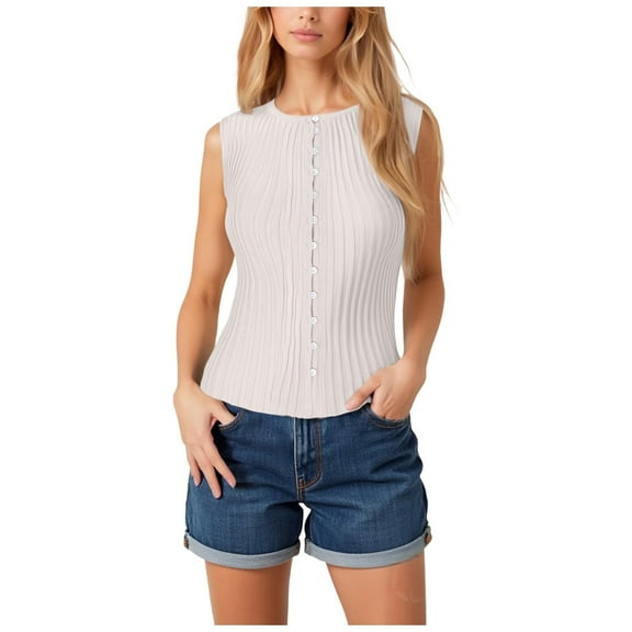 CYRBOKO Women's Tank Tops, Sleeveless Button Crew Neck Casual Summer Tops White Size S-L