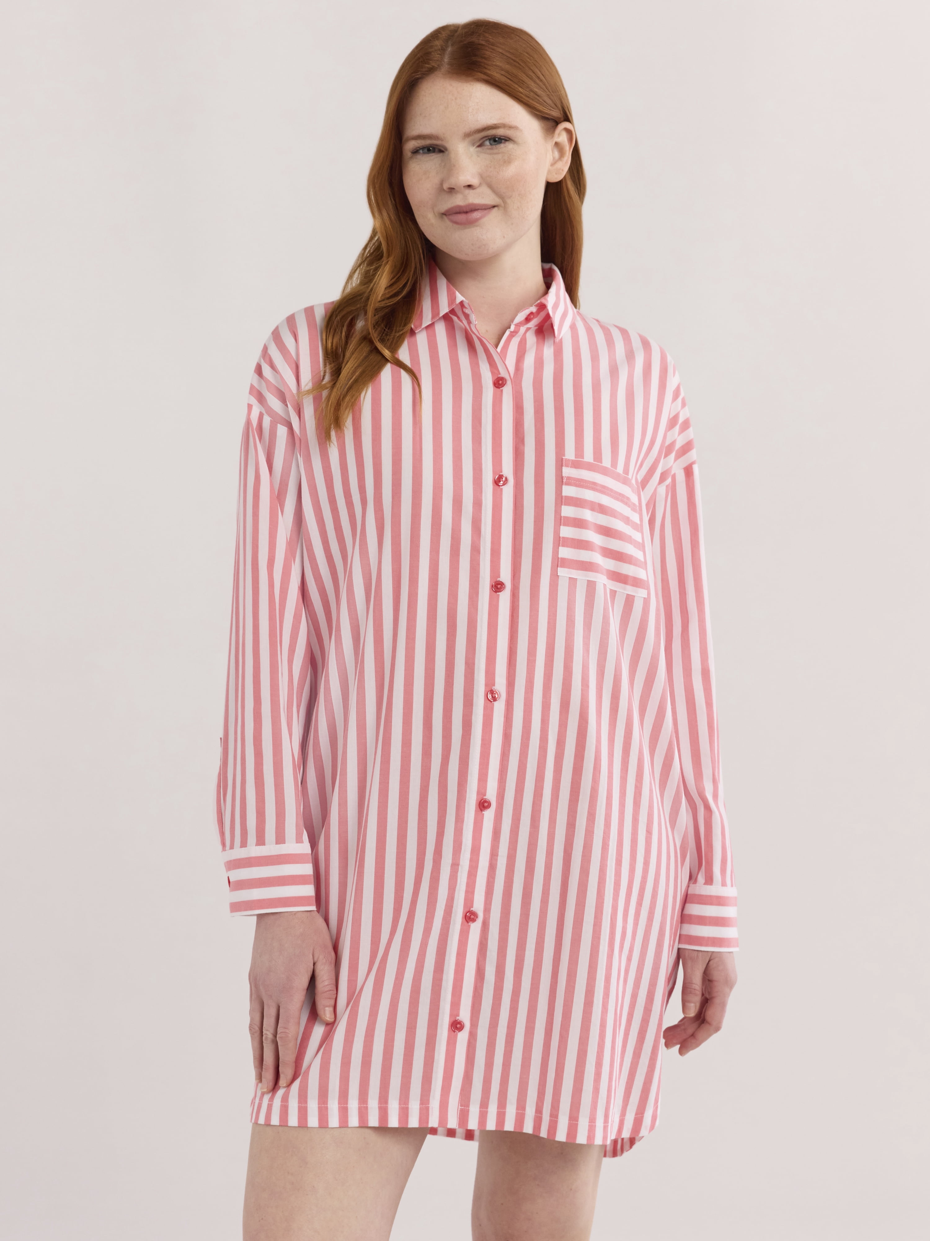 Joyspun Women’s Woven Long Sleeve Button Front Sleepshirt, Sizes XS-3X