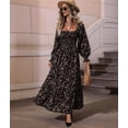 thumbnail image 6 of Women'S Dress Long Sleeve Square Neck Floral Print Smocked A Line Boho Flowy Maxi Dresses Black L, 6 of 9