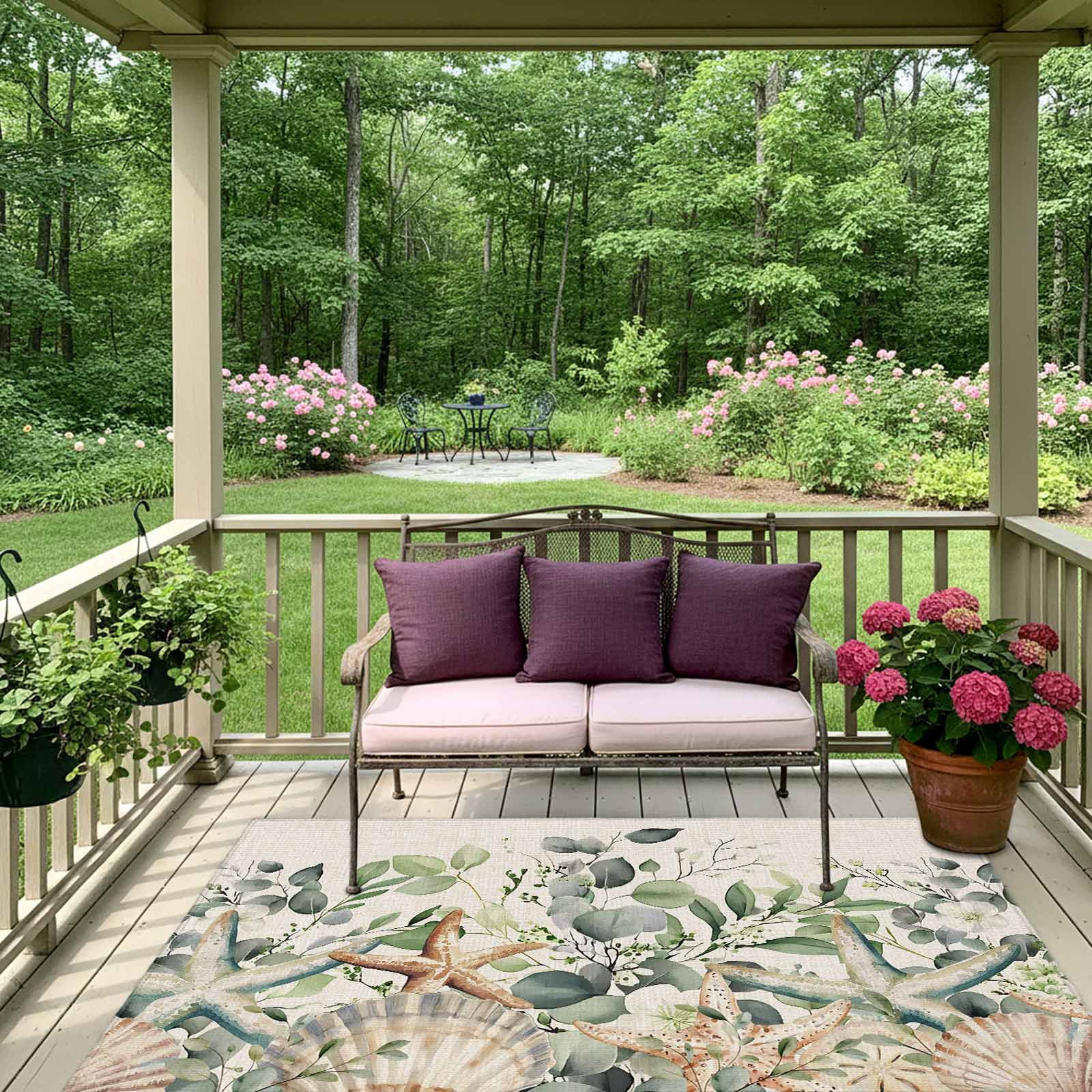 Outdoor Rug 5x8ft Sage Green Eucalyptus Leaves Large Area Rug Starfish Retro Indoor Outdoor Carpet Outdoor Rugs Mats for Patio Camping,RV,Front Door, Outside Decor