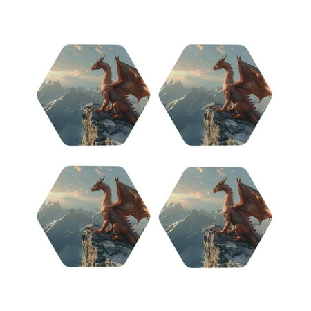 

Fuzoiu Red Dragon Mountain Sunrise Print Leather Coasters Set Drink Coasters Set of 4 for Tabletop Protection Durable PVC Coasters Home Décor and Housewarming Gift-Hexagon