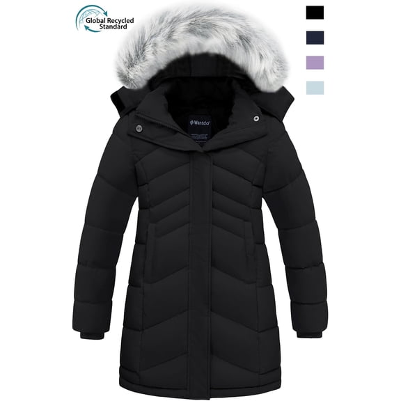 Wantdo Girls' Winter Coat Recycled Waterproof Long Winter Jacket with Faux Fur Hood Black 10/12