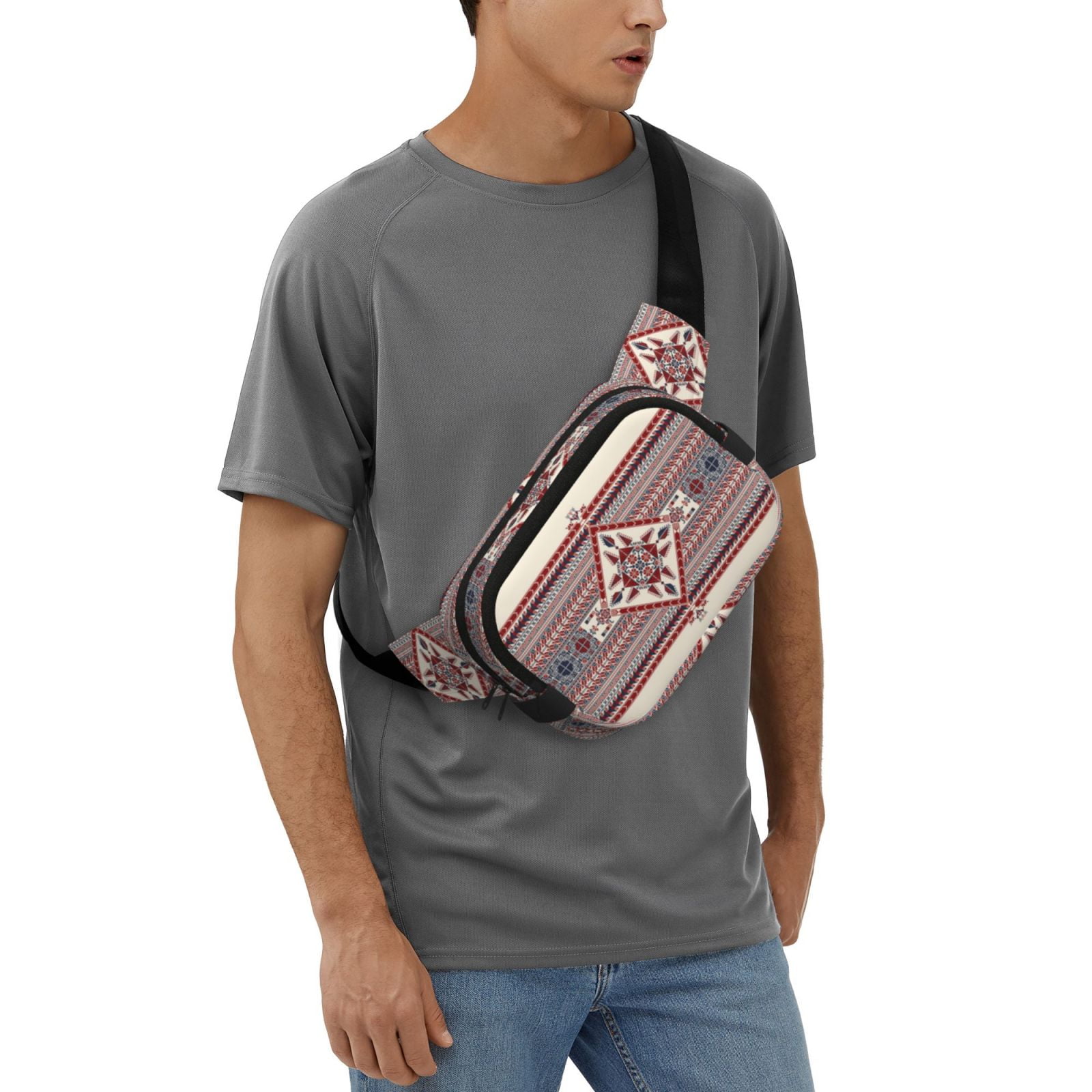 Picia Fashion Tatreez Print Square Double-Layer Waist Bag Mini Adjustable Waist Belt Bag Exercise Running Travel Hiking