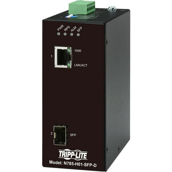 Eaton Tripp Lite Series Hardened Gigabit Fiber to Ethernet Media Converter, 10/100/1000 Mbps, RJ45/SFP, -10° to 60°C, DC Power, TAA - 1 x Network (RJ-45) - Multi-mode, Single-mode - Gigabit...