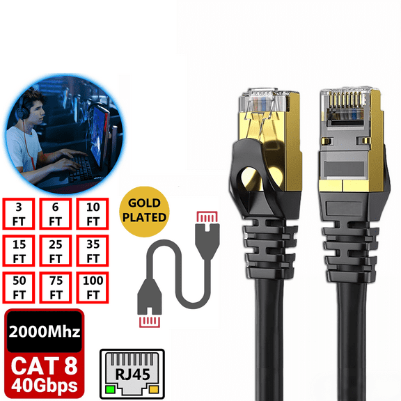 Cat 8 Ethernet Cable 40Gbps 2000MHz, Shielded FTP RJ45 LAN Network Patch Cord, Outdoor Indoor UV Resistant, Gold Plated Connectors for Router, Gaming, Server, Smart Home