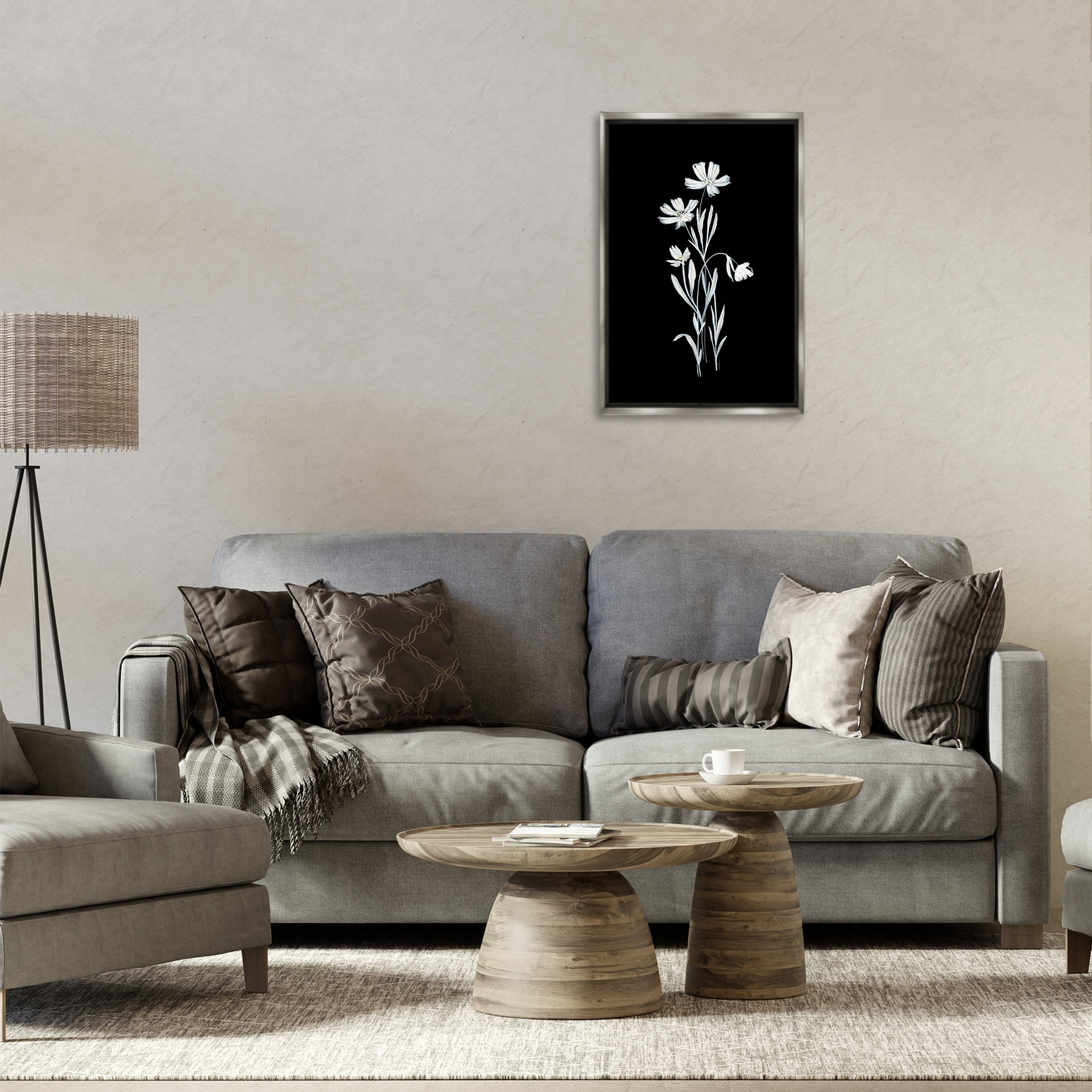 Stupell Industries Tall Stems on Black Plants & Flowers Painting Gray Floater Framed Canvas Art Print Wall Art, 17 x 25