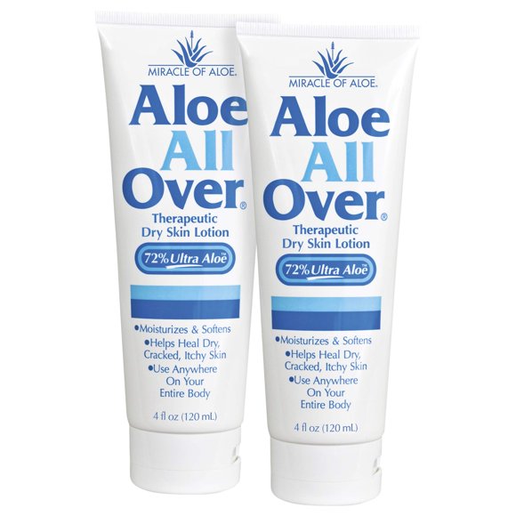 Miracle of Aloes Aloe All Over Loción súper hidratante para piel seca (paquete de 2 4 oz) - Elaborada con 72% de gel de aloe vera UltraAloe. para todos: hombres, mujeres y niños. Acaba con la descam