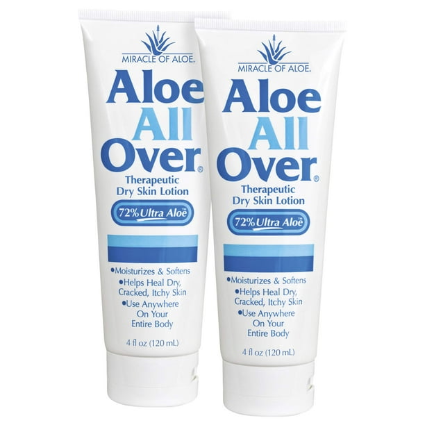 Miracle of Aloes Aloe All Over Loción súper hidratante para piel seca (paquete de 2 4 oz) - Elaborada con 72% de gel de aloe vera UltraAloe. para todos: hombres, mujeres y niños. Acaba con la descam