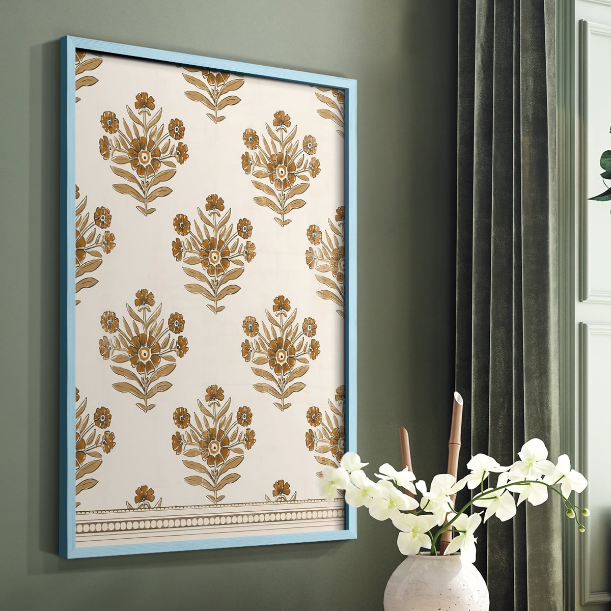Block Print Blooms I Framed Print in Blue Solid Wood Framed Print No Nail Hanging