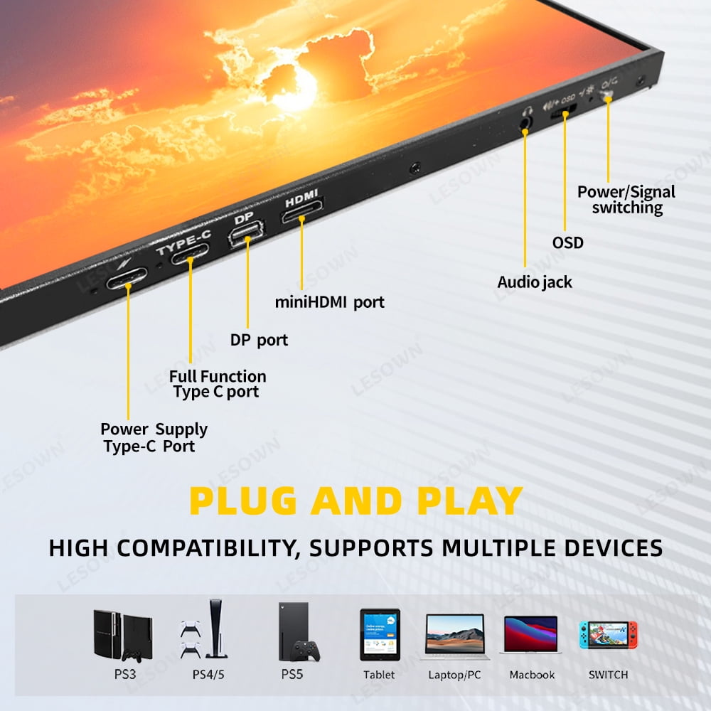 LESOWN 16 Inch 144HZ Gaming Monitor 2560x1600 100%sRGB Ultra-wide16:10 Auxiliary Screen PC Extended Display Built-in Speakers for Laptop PC Switch Phone