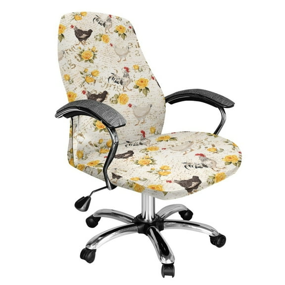 SCRAWLGOD Rooster Hen Rose Beige Cozy Office Chair Cover Non-Slip Stretchy Non-Slip Desk Rotating Chair Slipcovers Breathable Easy to Remove Computer Chair Slipcovers, S