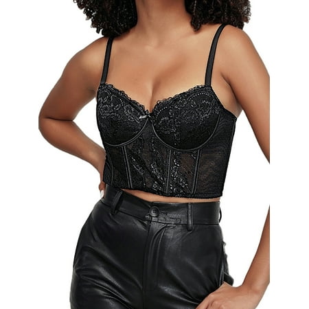 Sveltors Lace Corset Crop Tops for Women Sexy Spaghetti Strap Open Back Boned Summer Going Out Mesh Bustier