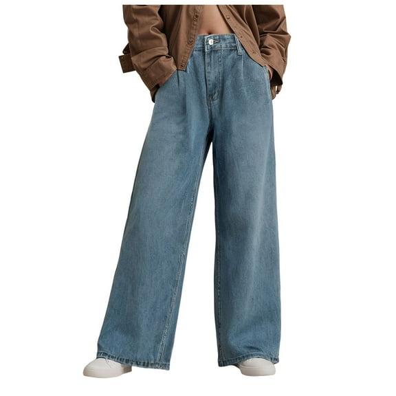 Mepaouo Womens Wide Leg Jeans High Waist Baggy Boyfriends Denim Pants Strechy Raw Hem Trousers(Blue,L)