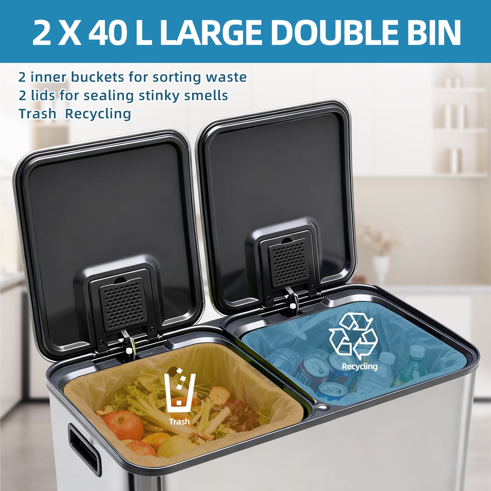 Kitchen Trash Can, 21.2 Gallon Garbage Can with Dual Inner Bins