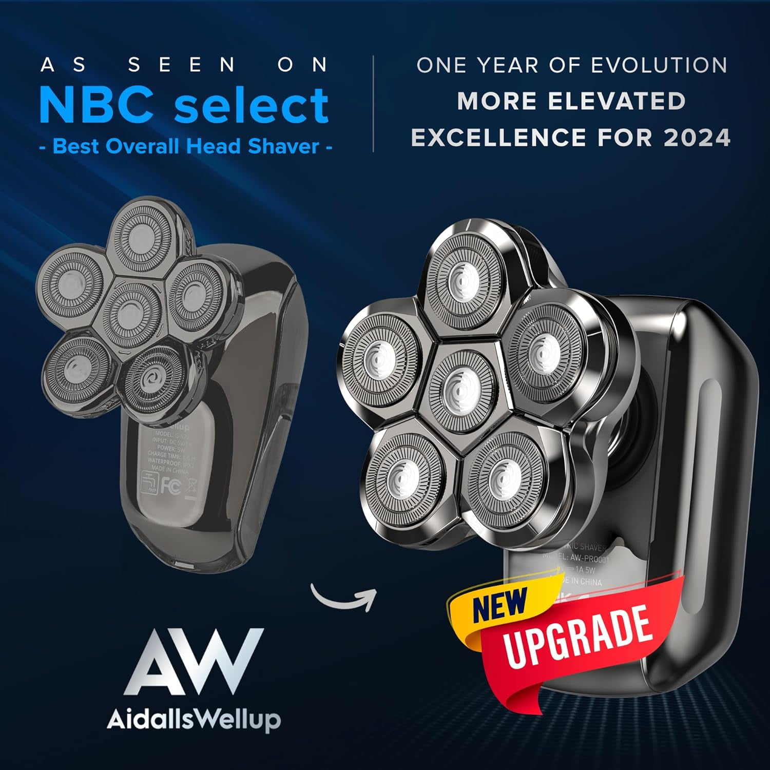 AidallsWellup 6D-1 Men 5-in-1 Electric Head Shaver for Bald Men- Anti-Pinch, Cordless and Rechargeable