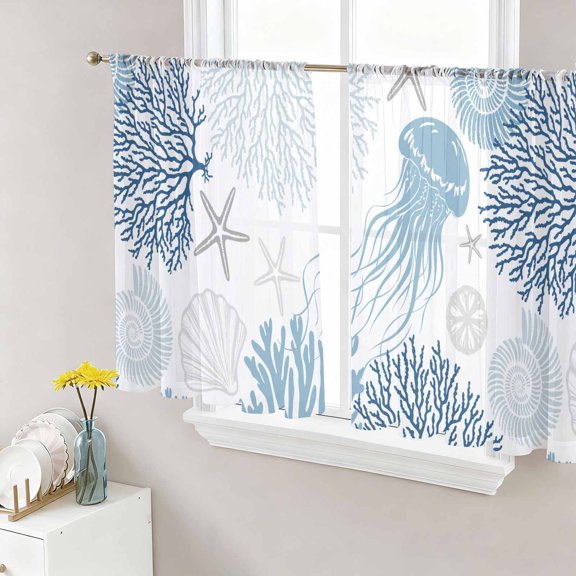 Sheer Curtains 45 Inch Length 2 Panels Set for Kitchen, Navy Blue Coastal Semi Sheer Curtains for Windows, Coral Jellyfish Nautical Voile Window Treatments Rod Pocket Curtain