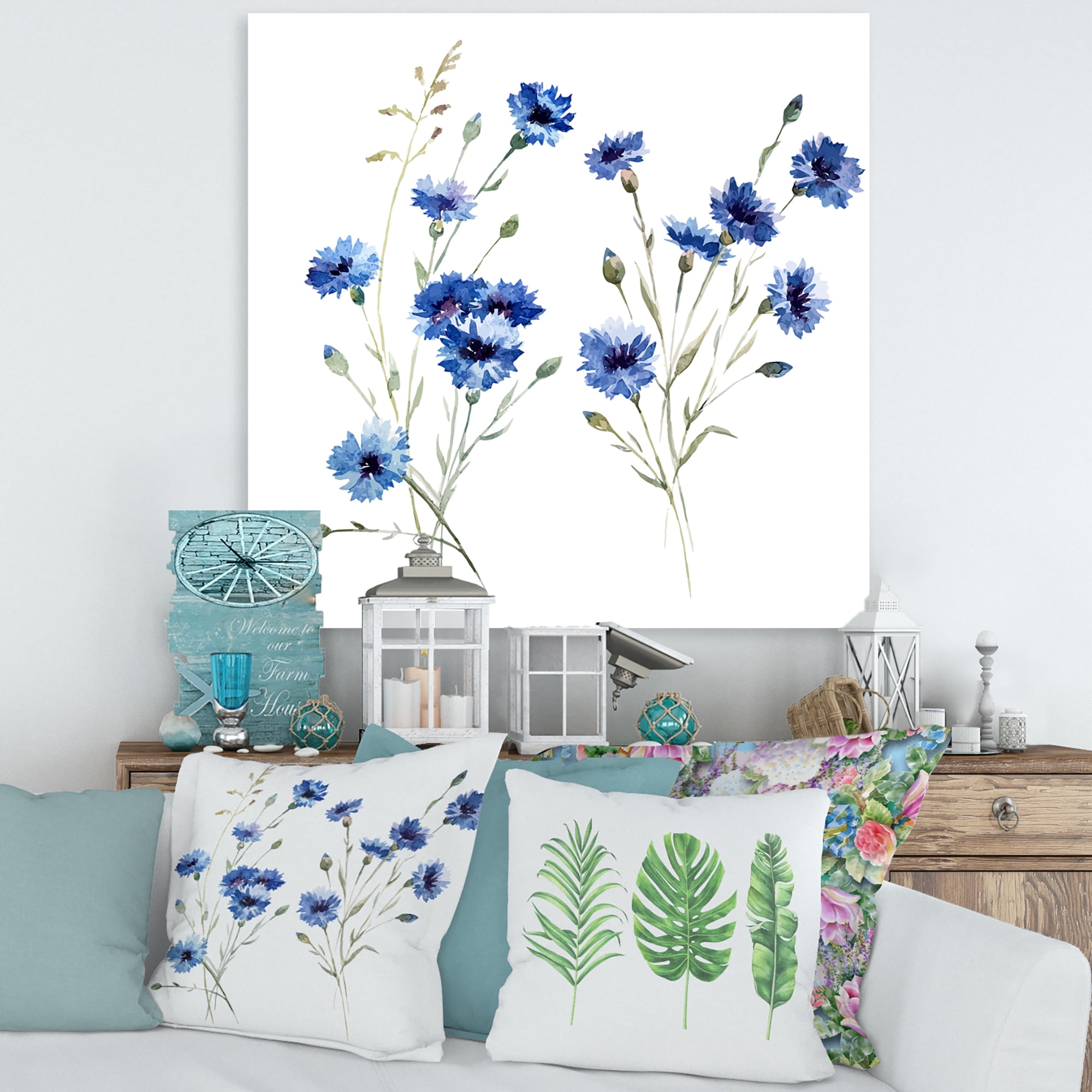 Designart ' Blue Cornflowers With Green Leaves On White III ' Traditional Canvas Wall Art Print