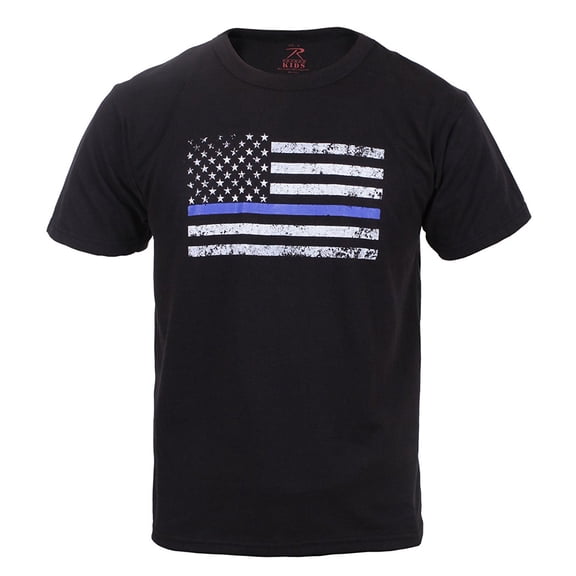 Kids Thin Blue Line US Flag T-Shirt, Law Enforcement Support, Black