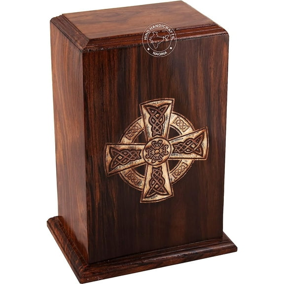 Rosewood Wooden Cremation Urns for Human Ashes Adult - Handcrafted Funeral Memorial Ash Storage Urn - Burial Columbarium (Celtic Cross, 250 Cubic Inches)