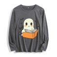 thumbnail image 2 of Xdegoge Women Cute Ghost Reading Book With Cat Long Sleeve T-Shirts Kawaii Halloween Graphic Tees Casual Crewneck Loose Fit Fall Pullover Tops Shirts, 2 of 7