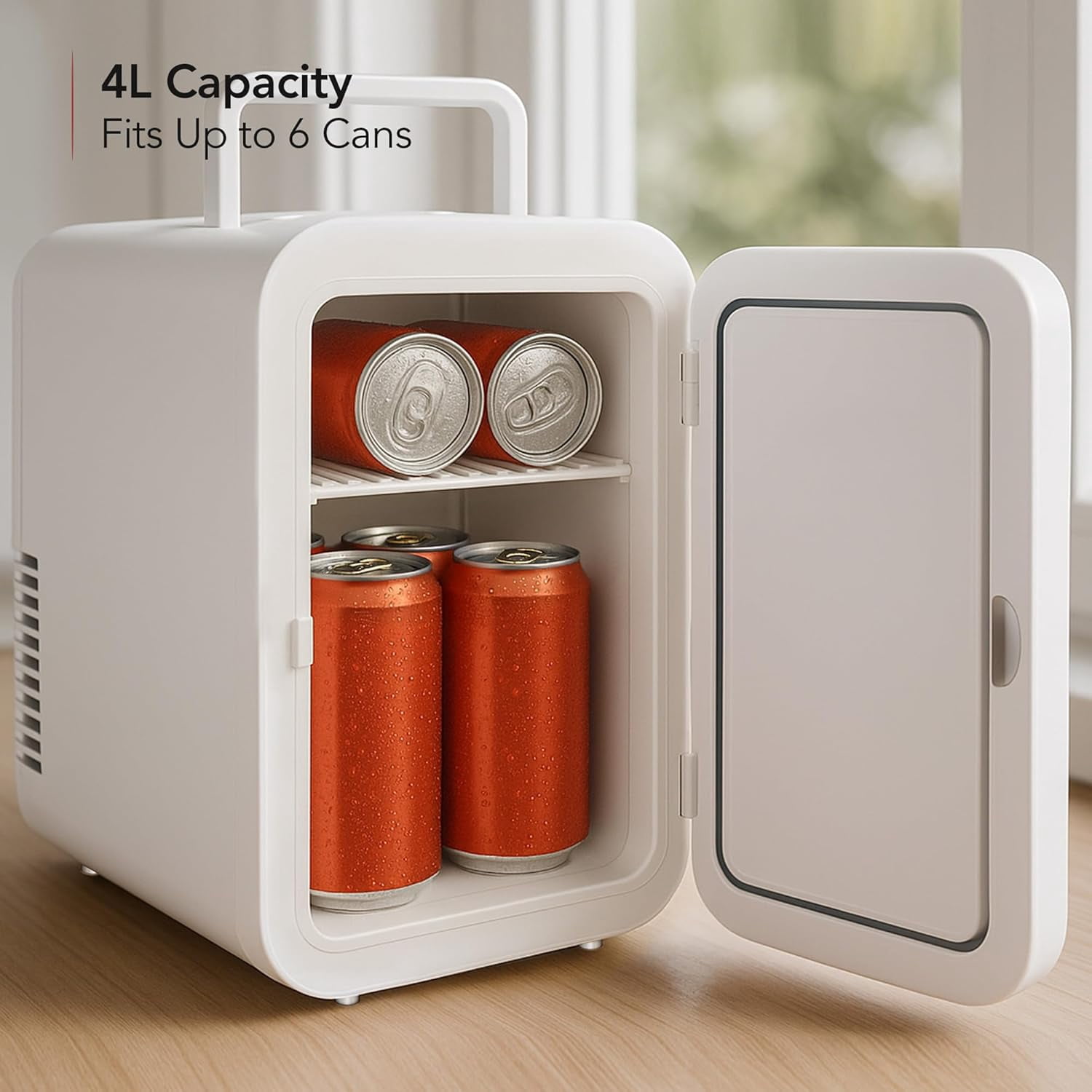 OVENTE Mini Fridge, 4L Capacity Fits 6 Can Beverages, Portable Personal Refrigerator and Small Cooler for Skin Care, Cosmetics or Food, Ideal for Bedroom, Home Office, Dorm and Car, White RF04W