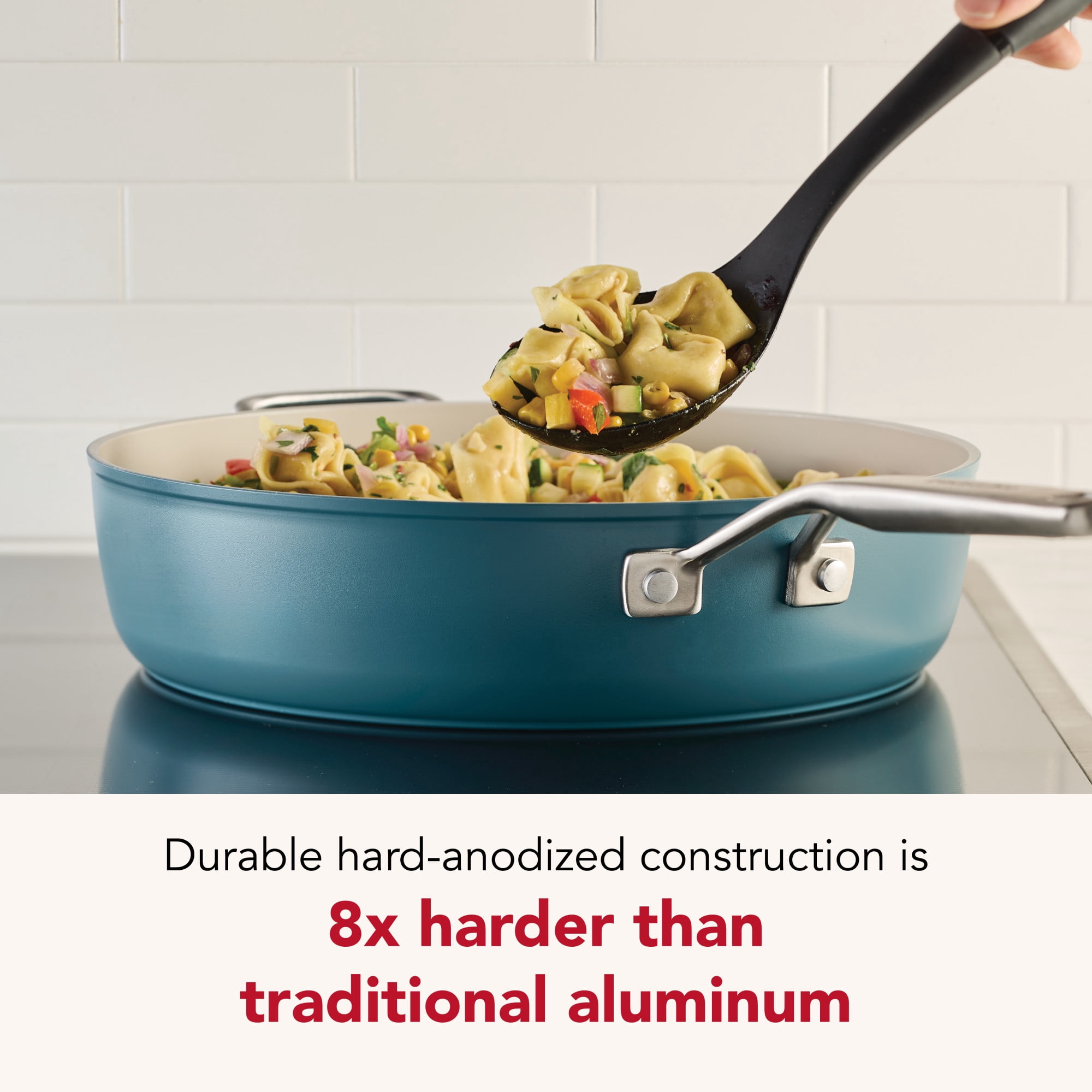 KitchenAid Hard-Anodized 5 Quart Ceramic Induction Saute Pan with Lid and Helper Handle, Dishwasher Safe and Oven Safe to 500°F, Agave Blue