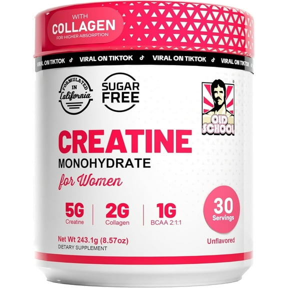 Old School Labs 5000mg Creatine Monohydrate Powder with Collagen Supplements for Women, 8.57 oz