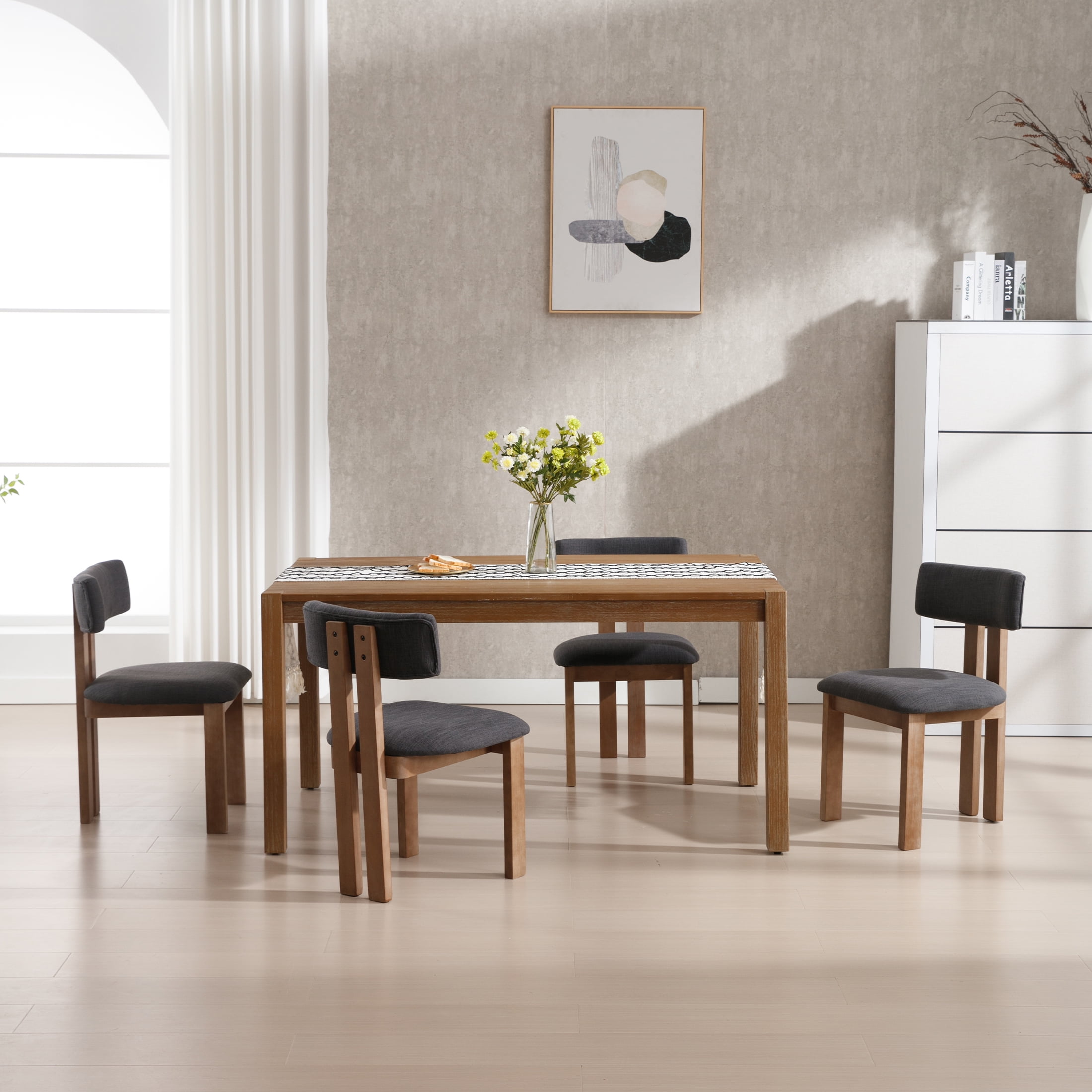 Guyou Wooden Dining Chairs Set of 4, Mid Century Modern Linen Upholstered Dining Side Chairs, Farmhouse Kitchen Chairs with Curved Back for Kitchen Dining Room Living Room, Charcoal