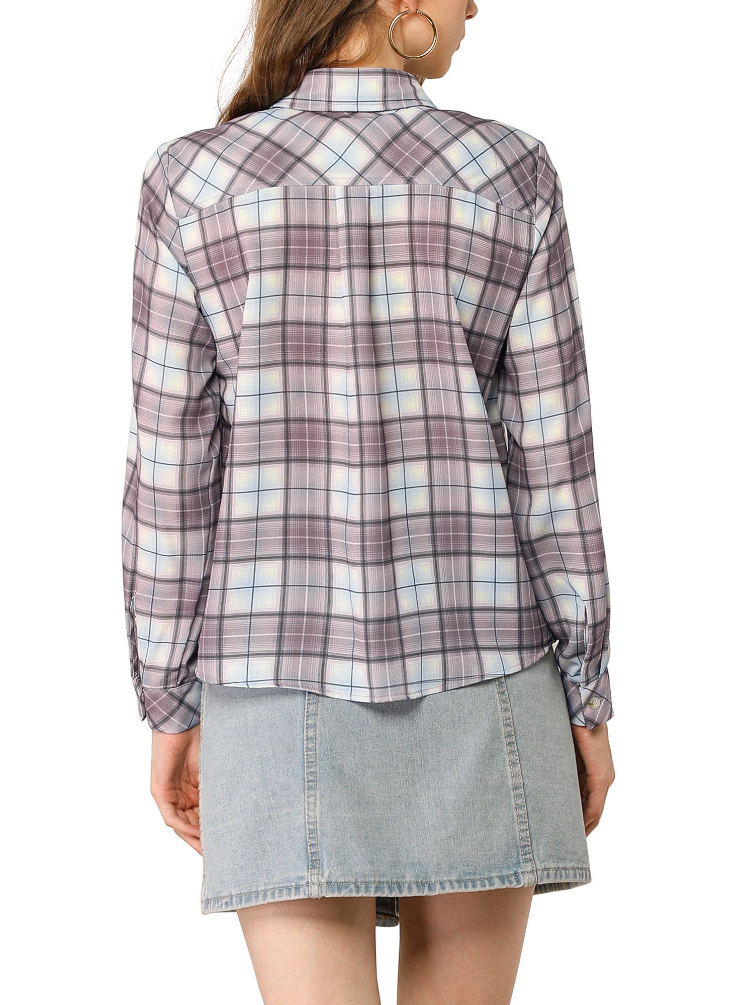 MODA NOVA Junior's Plaid Long Sleeves Button Up Shirt Purple S - image 4 of 7