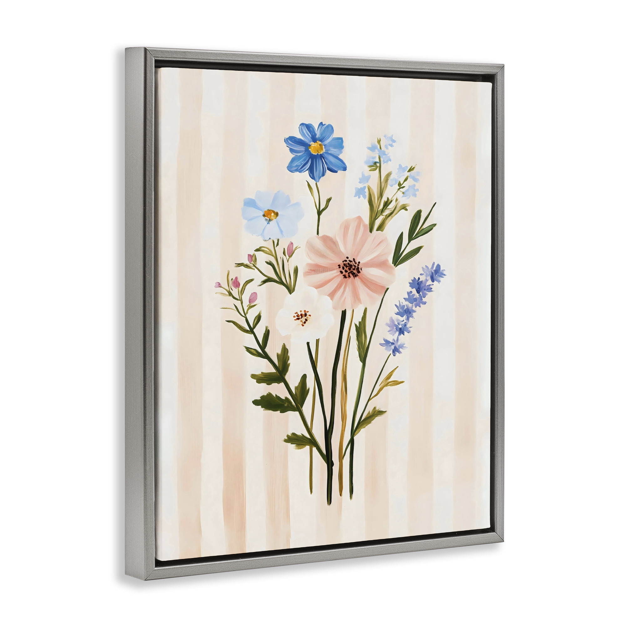 Stupell Industries Cream Stripe Florals Gray Framed Floater Canvas Wall Art, design by The Prints Vibe