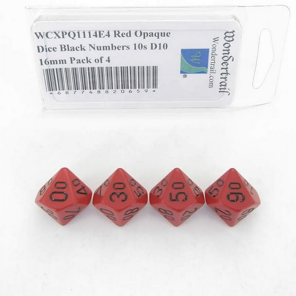 Red Opaque Dice with Black Numbers 10s D10 Aprox 16mm (5/8in) Pack of 4 Wondertrail