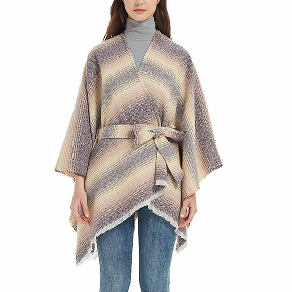 XFLWAM Women's Sweater Poncho Coat Shawl Wrap Poncho Cape Belt Gradient Cardigan Sweaters Open Front for Spring Winter Beige One Size