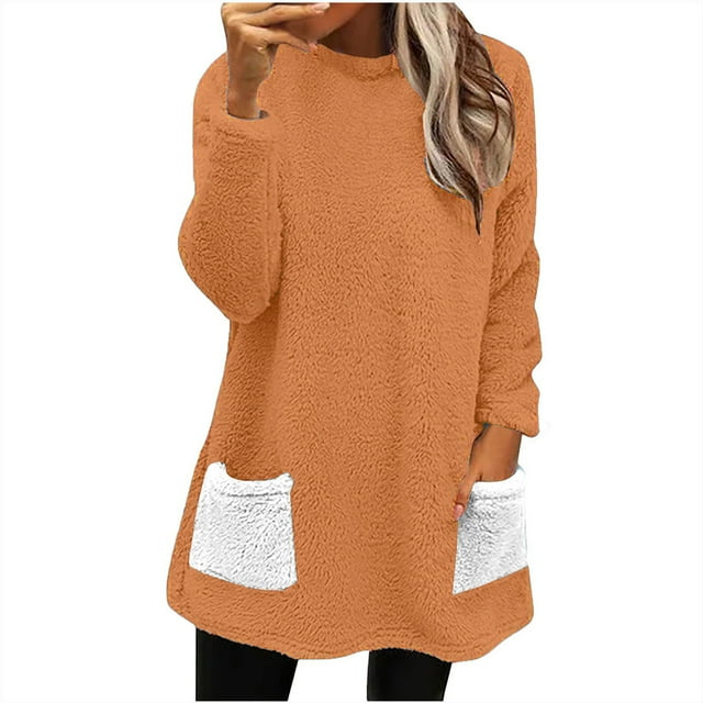 Timegard Hauts pour Femmes Col Ras du Cou Doublés en Molleton Chandails à Enfiler Mi-Longs d'Hiver Chauds Chemises Épaisses Confortables Blouse