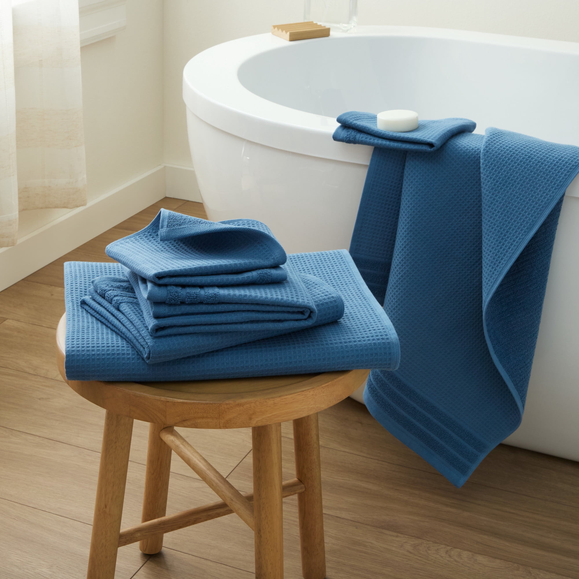 TOWN & COUNTRY BASICS 6-Piece Assorted Waffle Woven Terry Stripe Set, 2-Bath Towels, 2-Hand Towels, 2-Washcloths, 100% Cotton, Quick Dry, Blue