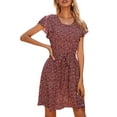 thumbnail image 5 of Franhais Women Casual Dress, Maroon Floral Printed Pattern Round Collar Short Sleeve One-piece, 5 of 7