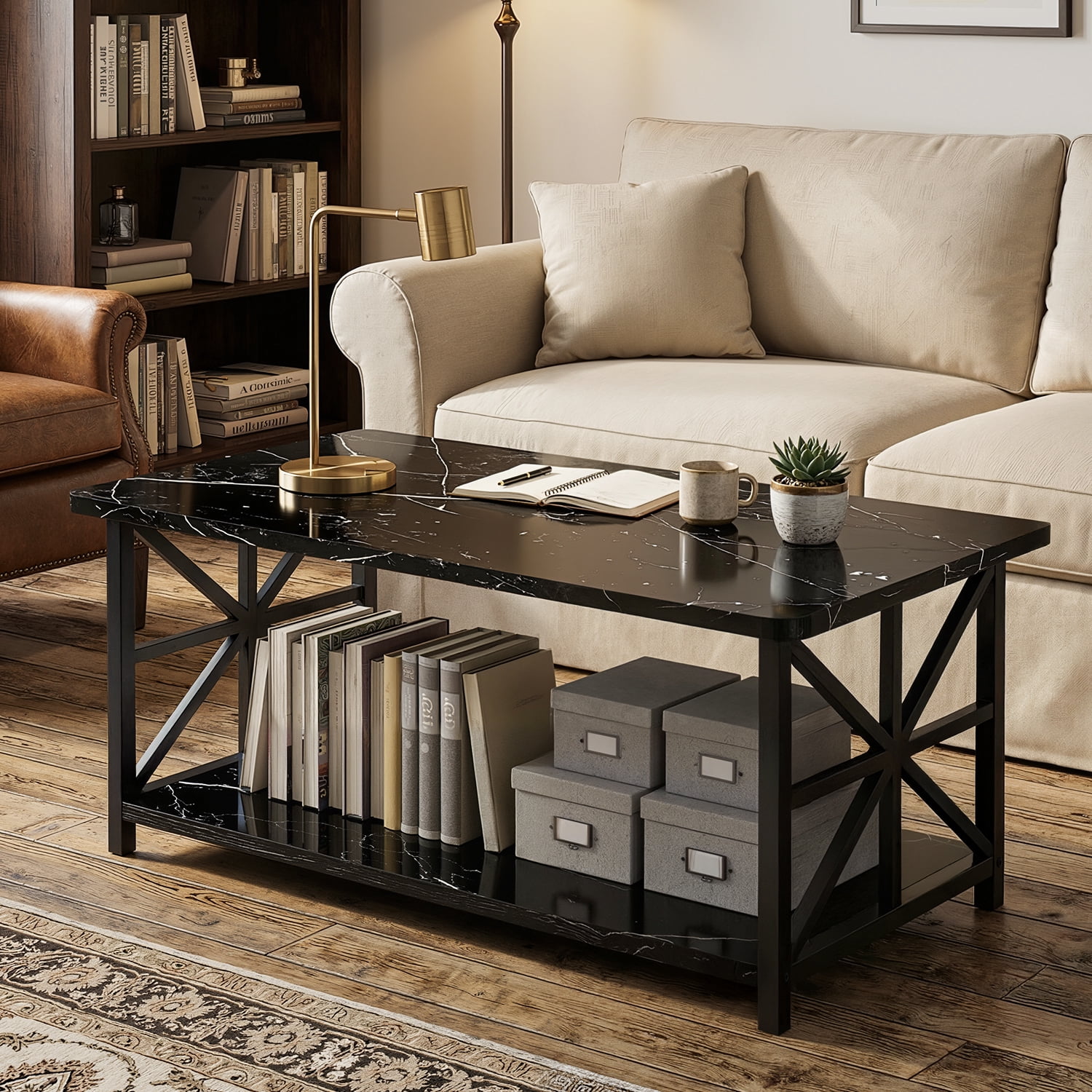 Baxluxe Rectangular Coffee Table with Storage Shelves, Faux Marble Tabletop Living Room Center Table, 2-Tier Storage Tea Table, Modern Coffee Table for Small Space, Home, Office, Black
