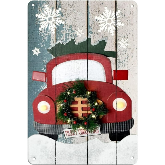 Christmas Sign Rustic Red Truck Vintage Tin Sign Christmas Hanging Sign for Front Door Living Room Bedroom Cafes Holiday Decor for Home Window Wall Farmhouse Decorations 5.5x8 Inches