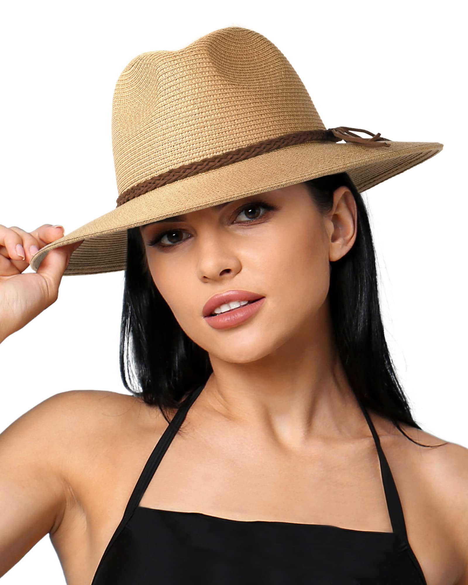 Comhats Ladies Summer Straw Beach Sun Hat Women Floppy Packable Wide Brim Panama Fedora UPF Adjustable