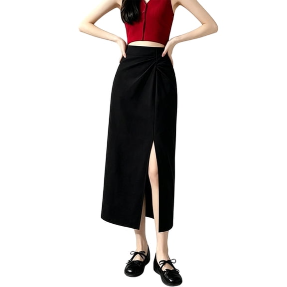 Wxolcjlv Womens Twist Front Midi Skirt High Waist Side Slit Slim Skirts