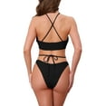 thumbnail image 3 of INSPIRE CHIC Women's Criss Cross Ribbed Knit Bikini Sets, 2 Piece Strappy Top Triangle Bottom Swimwear Bathing Suits X-Small Black, 3 of 5