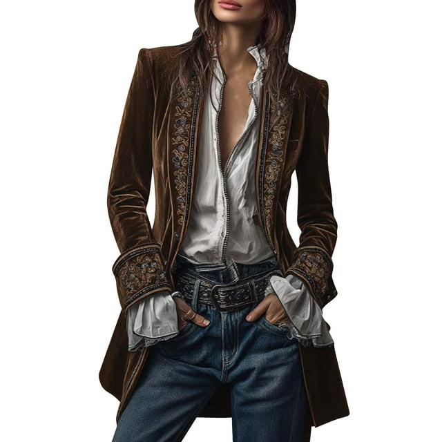 Women's Retro Velvet Long Jacket Velvet Patchwork Printed Edge Long Sleeved Casual Jacket